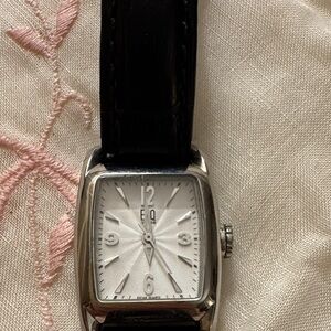 Silver Rectangular Watch with White Sunburst Dial and Black Leather Strap